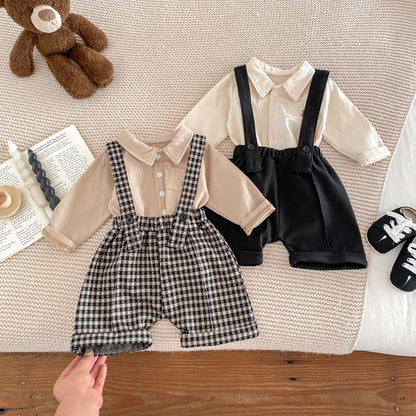 Spring Baby Kids Unisex Plain Long Sleeves Base Shirt And Overalls Clothing Set