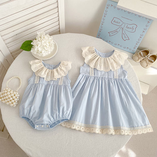 Summer Girls Flowers Pattern Lace Trim Onesies and Dress – Princess Sister Matching Set