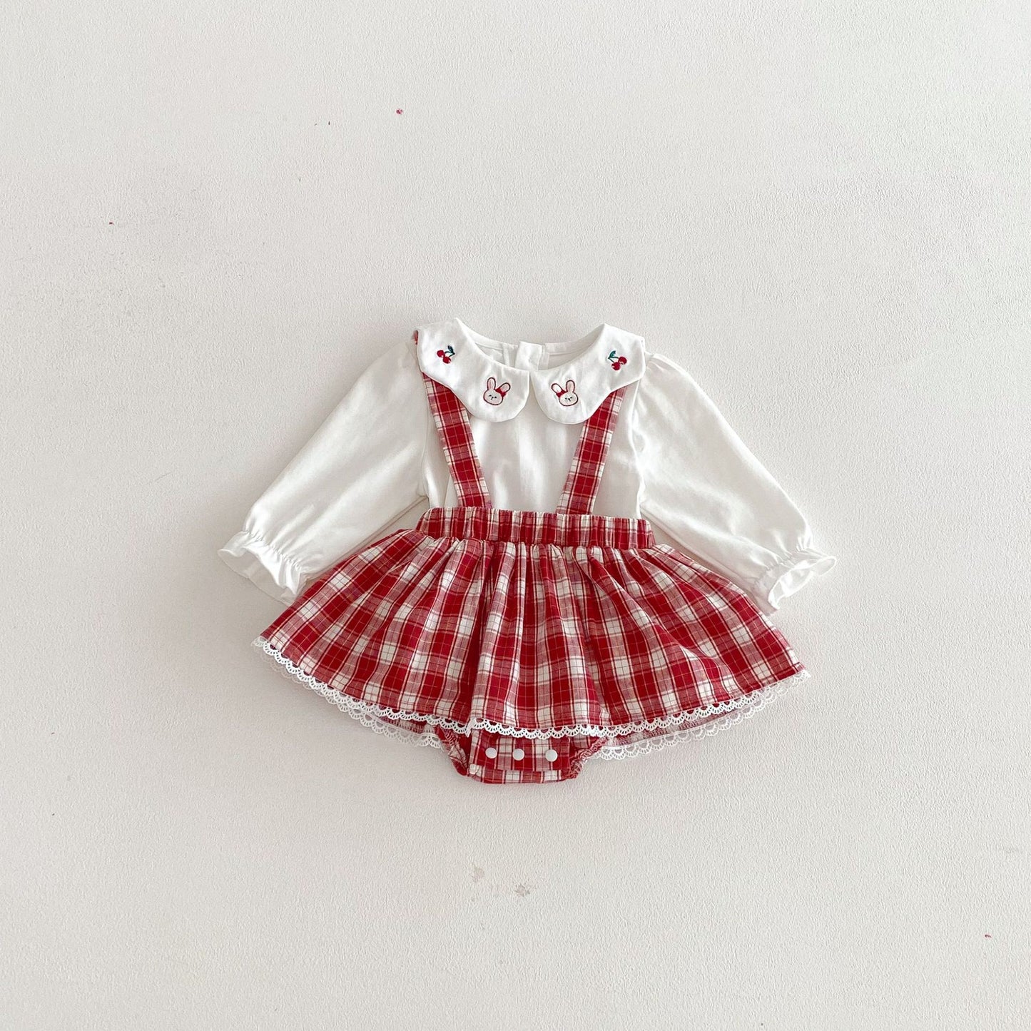 Spring and Autumn Baby Kids Girls Long Sleeves Cartoon Pattern Top and Plaid Sleeveless Onesies Clothing Set, MyKids-USA®, Baby & Toddler Outfits, MyKids-USA - Size/Age - 66 (3-6M) - Color - Red -  -  - TR2512261012-A.