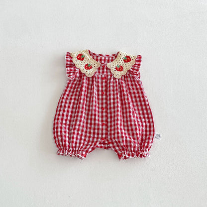 Summer Arrival Baby Girls Fly Sleeves Plaid Pattern Rompers Bodysuits, MyKids-USA®, Baby & Children's One-Pieces, MyKids-USA - Size/Age - 66 (3-6M) - Color - Red -  -  - TR2604262312-A.