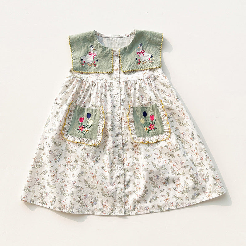 Summer Baby Kids Girls Sleeveless Flowers and Animals Pattern Embroidered Dress, MyKids-USA®, Baby & Toddler Dresses, MyKids-USA -  -  -  -  -  -  - 