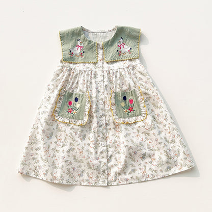 Summer Baby Kids Girls Sleeveless Flowers and Animals Pattern Embroidered Dress, MyKids-USA®, Baby & Toddler Dresses, MyKids-USA -  -  -  -  -  -  - 