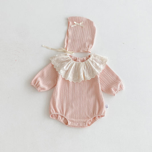 Autumn Arrival Baby Girls Long Sleeves Striped Pattern Hollow-out Collar bodysuit with Hat, MyKids-USA®, Baby & Toddler Outfits, MyKids-USA - Size/Age - 66 (3-6M) - Color - Pink -  -  - TR2509162341-B.