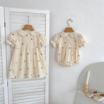 Summer Girls Cherry Pattern Lace Trim Short Sleeves Onesies and Dress – Princess Sister Matching Set, MyKids-USA®, Baby & Children's Outfits, MyKids-USA -  -  -  -  -  -  - .