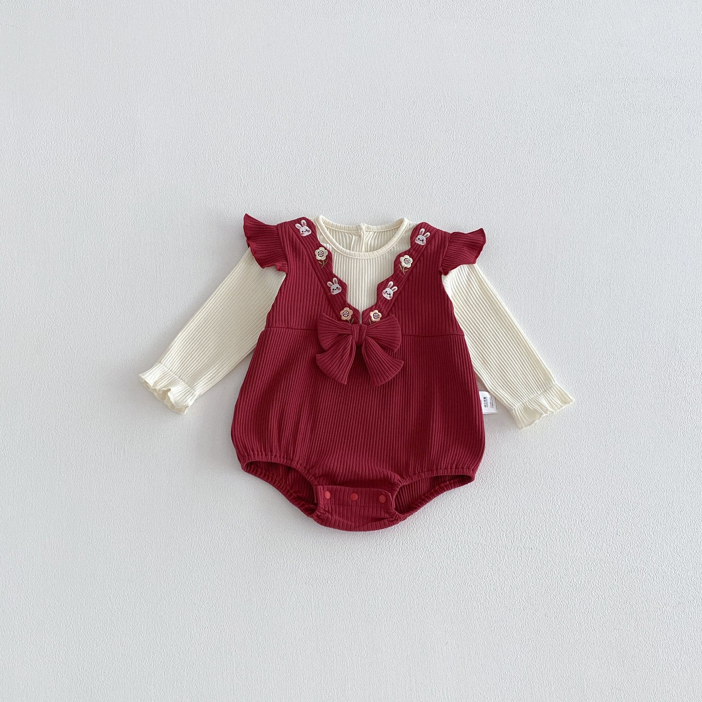 Spring Arrival Baby Girls Long Sleeves Color Patchwork Rabbits Embroidered Bodysuit, MyKids-USA®, Bodysuits, MyKids-USA - Size/Age - 66 (3-6M) - Color - Red -  -  - TR2601281220-A.