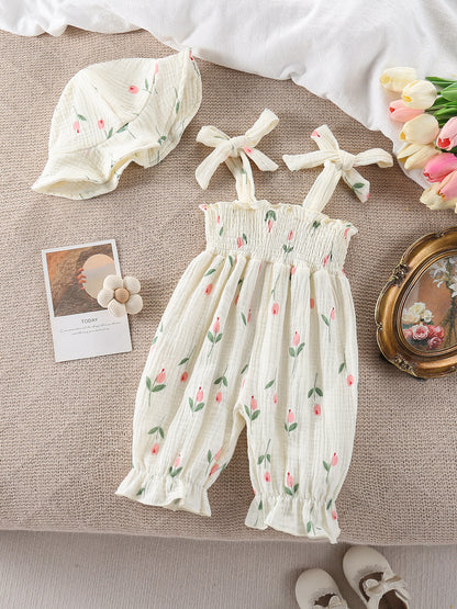 Design Summer Baby Kids Girls Sleeveless Flowers Pattern Rompers with Hat