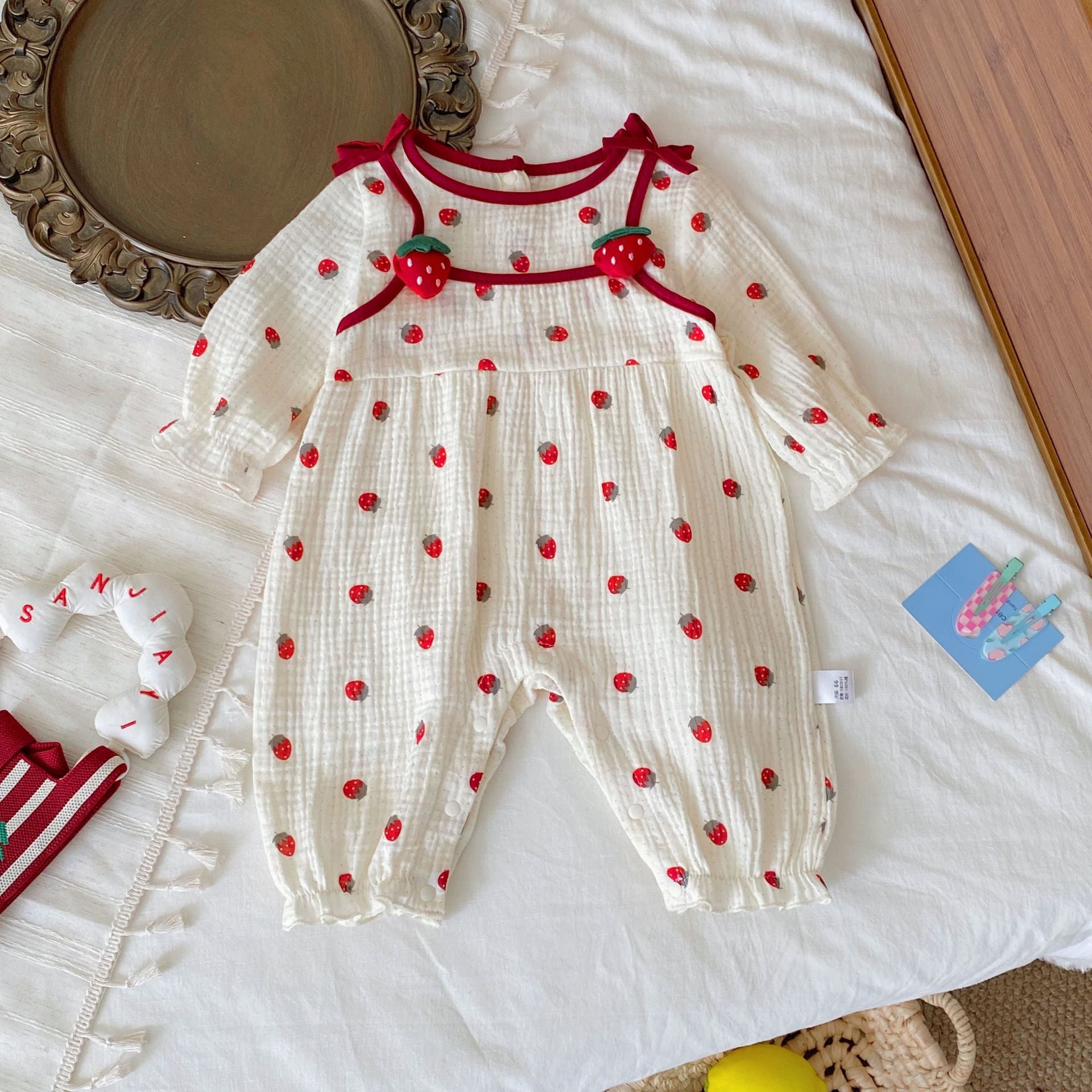 Autumn Arrival Baby Girls Long Sleeves Crew Neck Strawberry Pattern Rompers, MyKids-USA®, Baby One-Pieces, MyKids-USA - Size/Age - 66 (3-6M) - Color - Red -  -  - TR2511082353-A