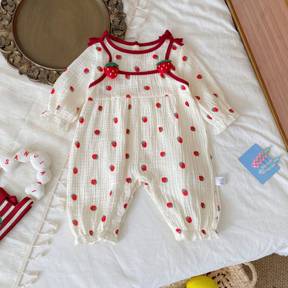 Autumn Arrival Baby Girls Long Sleeves Crew Neck Strawberry Pattern Rompers, MyKids-USA®, Baby One-Pieces, MyKids-USA - Size/Age - 66 (3-6M) - Color - Red -  -  - TR2511082353-A