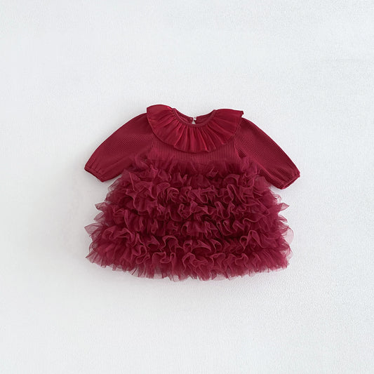 Spring Arrival Baby Girls Long Sleeves Tulle Decorated Plain Onesies Dress, MyKids-USA®, Baby & Toddler Dresses, MyKids-USA - Size/Age - 66 (3-6M) - Color - Red -  -  - TR2601281211-A.