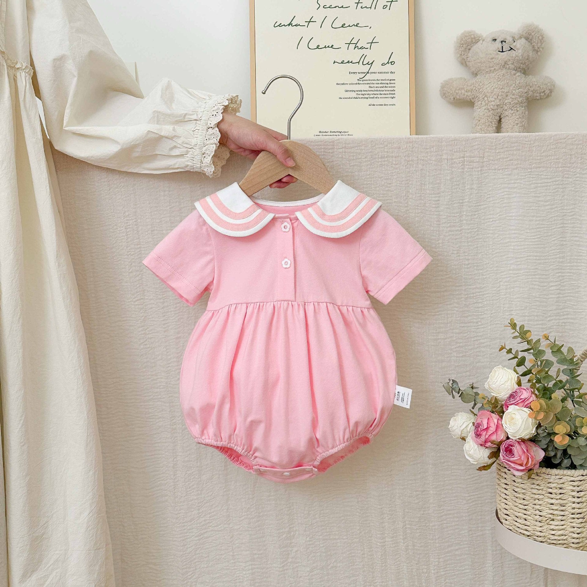 Summer Arrival Baby Girls Cute Preppy Short Sleeves Color Patchwork Onesies with Navy Collar, MyKids-USA®, Baby One-Pieces, MyKids-USA - Size/Age - 66 (3-6M) - Color - Pink -  -  - TR2505291559-A