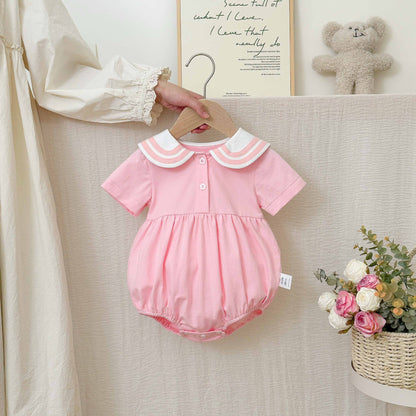 Summer Arrival Baby Girls Cute Preppy Short Sleeves Color Patchwork Onesies with Navy Collar, MyKids-USA®, Baby One-Pieces, MyKids-USA - Size/Age - 66 (3-6M) - Color - Pink -  -  - TR2505291559-A