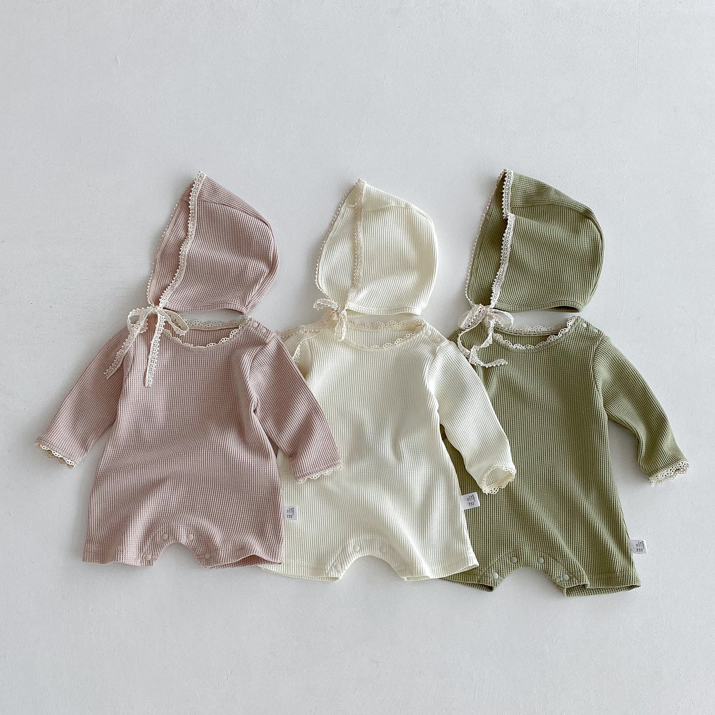 Autumn Arrival Baby Unisex Long Sleeves Lace Trim Decorated Waffle Grid Onesies with Hat, MyKids-USA®, Baby One-Pieces, MyKids-USA -  -  -  -  -  -  - 