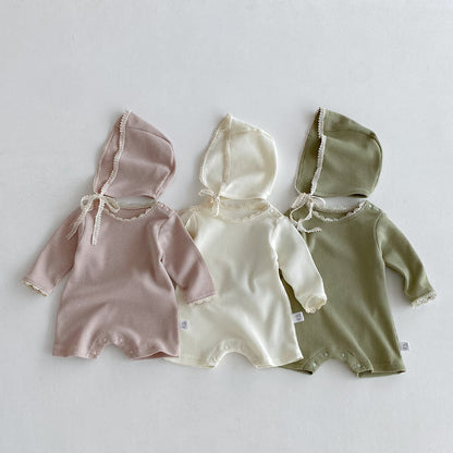 Autumn Arrival Baby Unisex Long Sleeves Lace Trim Decorated Waffle Grid Onesies with Hat, MyKids-USA®, Baby One-Pieces, MyKids-USA -  -  -  -  -  -  - 