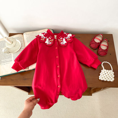 Infant Baby Girls Thick Warm Long Sleeve Rabbits Floral Knitted Round Collar Red Romper, MyKids-USA®, Baby One-Pieces, MyKids-USA -  -  -  -  -  -  - 
