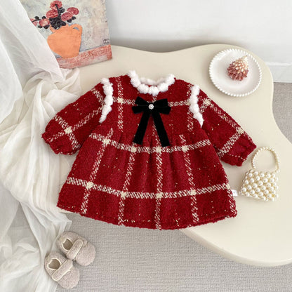 Winter Arrival Baby Girls Long Sleeves Plaid Pattern Fleece-Lined Warm Dress, MyKids-USA®, Baby & Toddler Dresses, MyKids-USA - Size/Age - 73 (6-9M) - Color - Red -  -  - TR2512031834-A