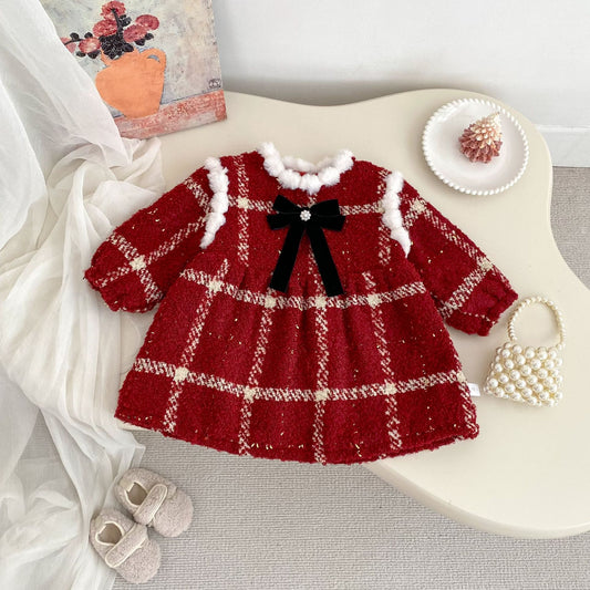 Winter Arrival Baby Girls Long Sleeves Plaid Pattern Fleece-Lined Warm Dress, MyKids-USA®, Baby & Toddler Dresses, MyKids-USA - Size/Age - 73 (6-9M) - Color - Red -  -  - TR2512031834-A