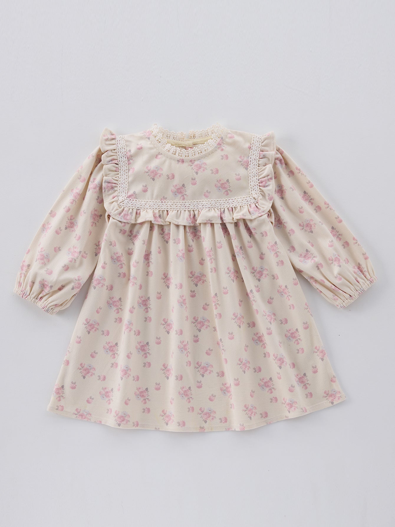 Spring and Autumn Floral Printed Long-sleeved Dress with Lace Neck for Stylish Girls, MyKids-USA®, Baby & Toddler Dresses, MyKids-USA - Size/Age - 90 (12-24M) - Color - Beige -  -  - TR2502172137-A