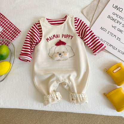 Spring and Autumn Baby Kids Unisex Long Sleeves Striped Top and Cartoon Sleeveless Overalls Clothing Set, MyKids-USA®, Baby & Toddler Outfits, MyKids-USA - Size/Age - 73 (6-9M) - Color - Red -  -  - TR2512291730-A.