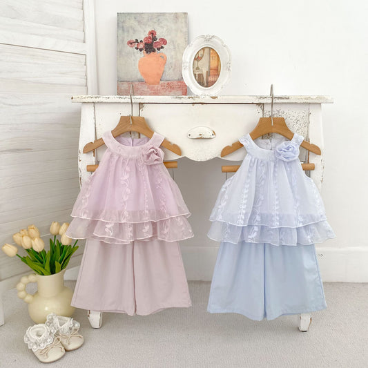 Arrival Summer Baby Kids Girls Sleeveless Flowers Embroidered Pattern Top and Plain Pants Clothing Set