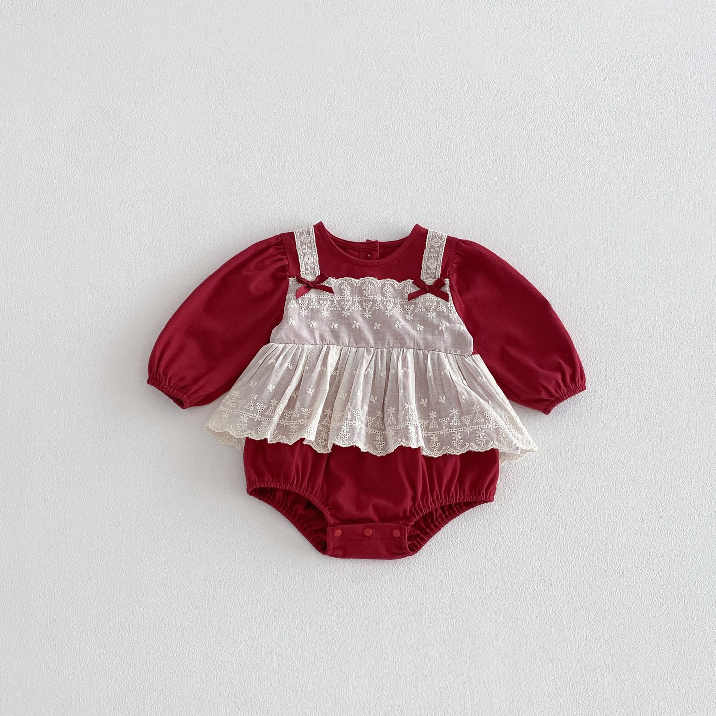 Spring Arrival Baby Girls Long Sleeves Color Patchwork Flowers Embroidered Bodysuit, MyKids-USA®, Baby One-Pieces, MyKids-USA - Size/Age - 66 (3-6M) - Color - Red -  -  - TR2601281222-A.