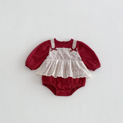 Spring Arrival Baby Girls Long Sleeves Color Patchwork Flowers Embroidered Bodysuit, MyKids-USA®, Baby One-Pieces, MyKids-USA - Size/Age - 66 (3-6M) - Color - Red -  -  - TR2601281222-A.