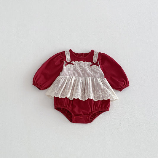 Spring Arrival Baby Girls Long Sleeves Color Patchwork Flowers Embroidered Bodysuit, MyKids-USA®, Baby One-Pieces, MyKids-USA - Size/Age - 66 (3-6M) - Color - Red -  -  - TR2601281222-A.