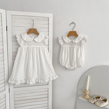Summer Girls Flowers Embroidered Pattern Peter Pan Collar Onesies and Dress – Princess Sister Matching Set, MyKids-USA®, Baby & Children's Outfits, MyKids-USA® -  -  -  -  -  -  - .