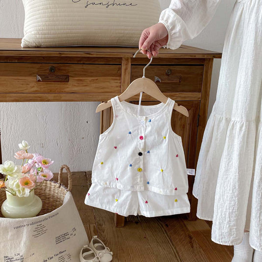 Summer Baby Kids Girls Sleeveless Hearts Embroidery Vest and Shorts Clothing Set