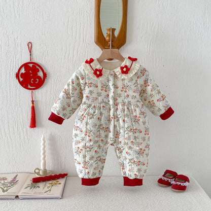 Winter Arrival Baby Girls Long Sleeves Floral Pattern Fleece-lined Warm Rompers, MyKids-USA®, Baby One-Pieces, MyKids-USA -  -  -  -  -  -  - 