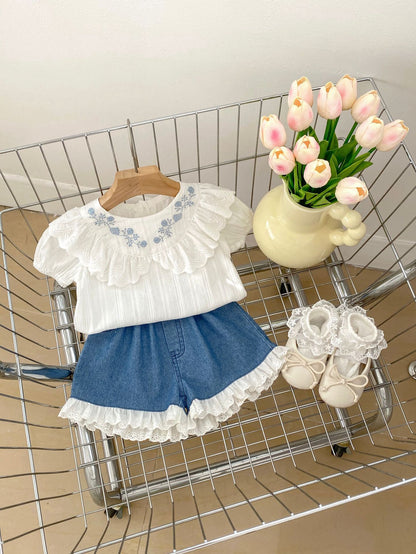 Summer Hot Selling Baby Girls Floral Embroidery Short Sleeves Top And Denim Shorts Clothing Set