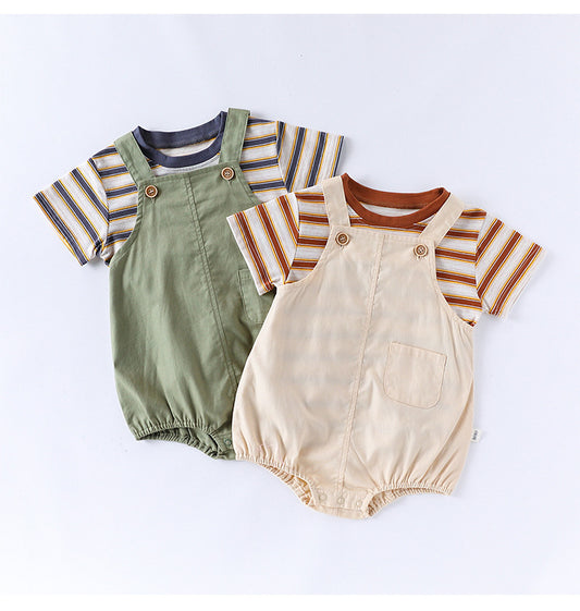 Summer Baby Kids Unisex Striped Pattern Short Sleeves T-shirt and Plain bodysuit Overalls Clothing, MyKids-USA®, Baby One-Pieces, MyKids-USA -  -  -  -  -  -  - .
