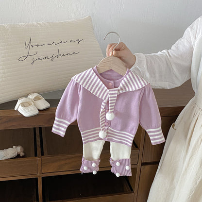 Winter and Autumn Baby Kids Girls Striped Long Sleeves Cardigan and Color Patchwork Pants Knitted Clothing Set, MyKids-USA®, Baby & Toddler Outfits, MyKids-USA - Size/Age - 66 (3-6M) - Color - Purple -  -  - TR2511072355-B