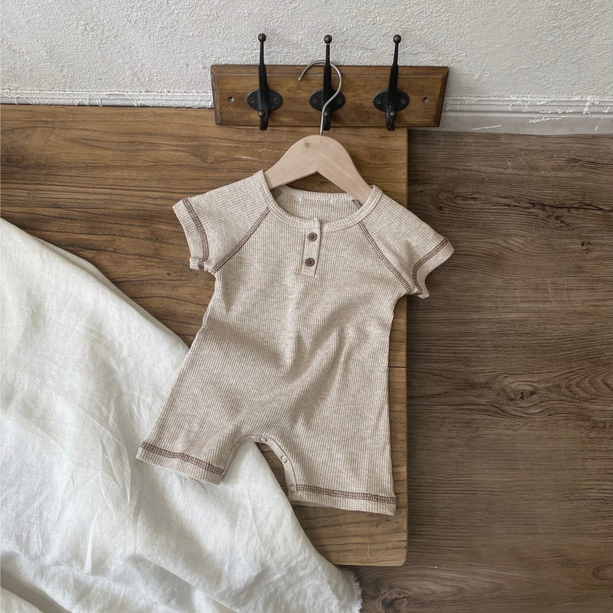Summer Arrival Baby Short Sleeves Patchwork Waffle Grid Rompers Bodysuits