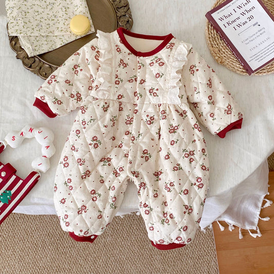 Winter Arrival Baby Girls Long Sleeves Flowers Pattern Fleece-Lined Rompers