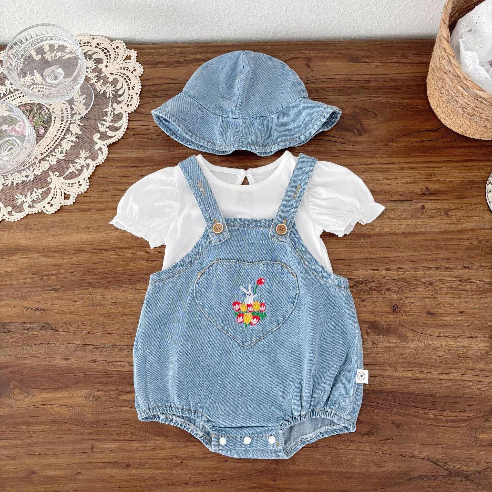 Summer Hot Selling Baby Kids Unisex Sleeveless Denim Blue Strap Onesies Overalls, White T-Shirt and Hat Clothing Set, MyKids-USA®, Baby & Toddler Outfits, MyKids-USA - Size/Age - 66 (3-6M) - Color - Blue -  -  - TR2505252326-A