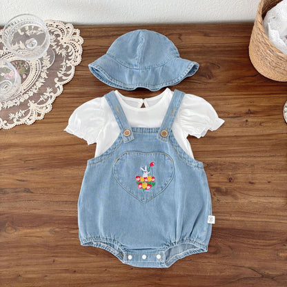 Summer Hot Selling Baby Kids Unisex Sleeveless Denim Blue Strap Onesies Overalls, White T-Shirt and Hat Clothing Set, MyKids-USA®, Baby & Toddler Outfits, MyKids-USA - Size/Age - 66 (3-6M) - Color - Blue -  -  - TR2505252326-A