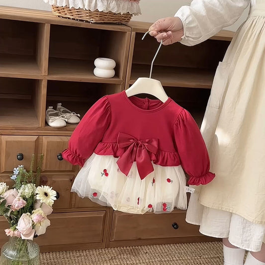 Spring Arrival Baby Girls Long Sleeves Cherry Pattern Tulle Decorated Bodysuit Dress, MyKids-USA®, Baby & Toddler Dresses, MyKids-USA -  -  -  -  -  -  - .