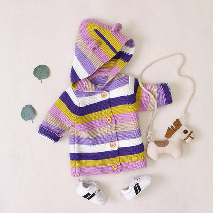 MyKids-USA® Baby Colorful Striped Pattern Button Front Knitted Cardigan With Hat