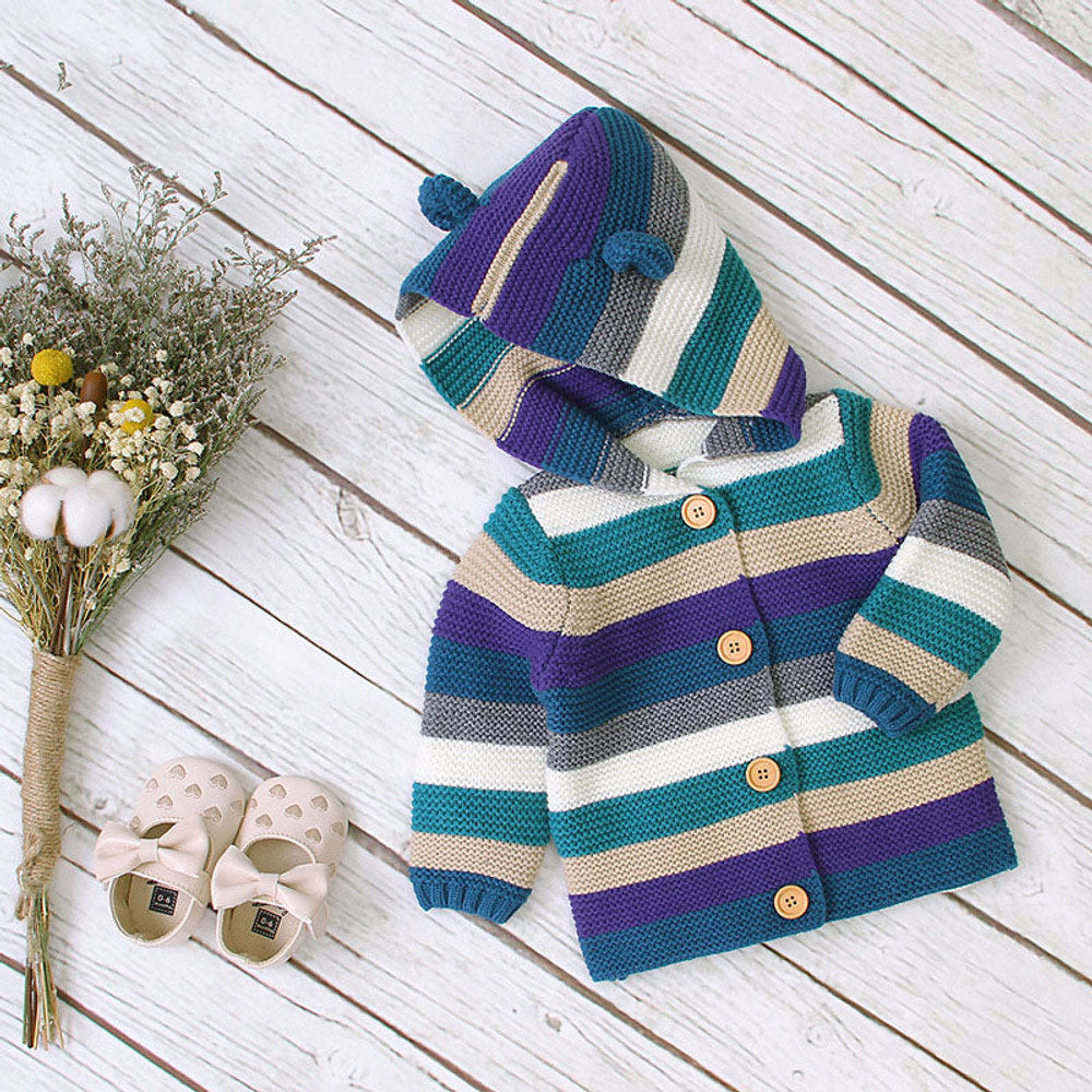 MyKids-USA® Baby Colorful Striped Pattern Button Front Knitted Cardigan With Hat