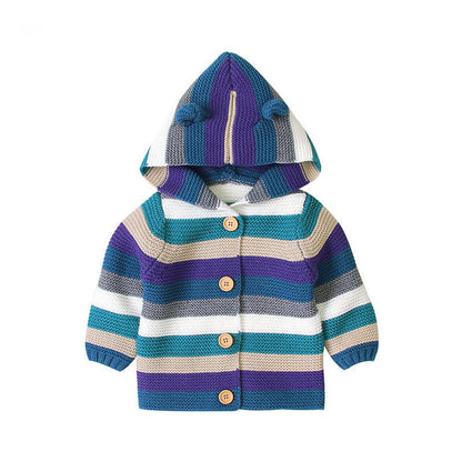 MyKids-USA® Baby Colorful Striped Pattern Button Front Knitted Cardigan With Hat