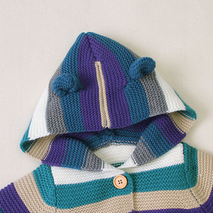 MyKids-USA® Baby Colorful Striped Pattern Button Front Knitted Cardigan With Hat