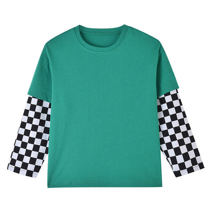 MyKids-USA® Baby Boy And Girl Plaid Pattern Fake 1 Pieces Sleeve Design Shirt