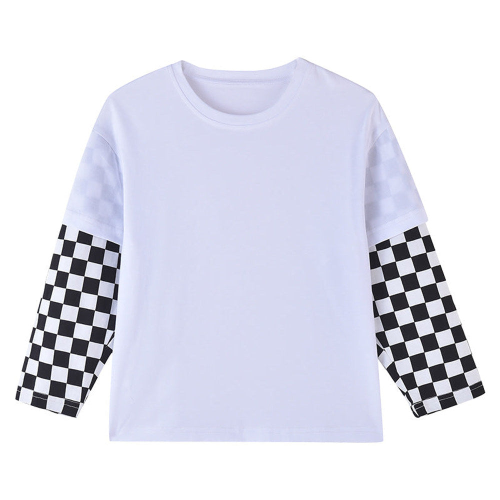 MyKids-USA® Baby Boy And Girl Plaid Pattern Fake 1 Pieces Sleeve Design Shirt