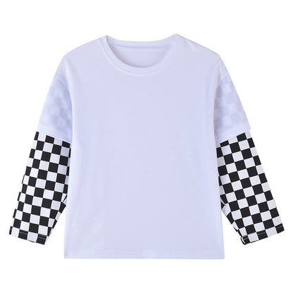MyKids-USA® Baby Boy And Girl Plaid Pattern Fake 1 Pieces Sleeve Design Shirt