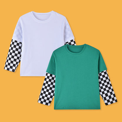 MyKids-USA® Baby Boy And Girl Plaid Pattern Fake 1 Pieces Sleeve Design Shirt