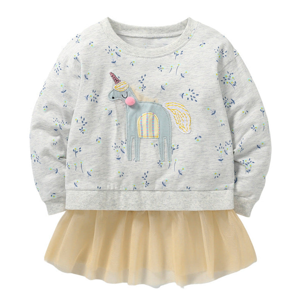 MyKids-USA® Baby Girl Unicorn & Floral Pattern Mesh Patchwork Design Hoodie