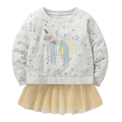 MyKids-USA® Baby Girl Unicorn & Floral Pattern Mesh Patchwork Design Hoodie