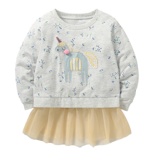 MyKids-USA® Baby Girl Unicorn & Floral Pattern Mesh Patchwork Design Hoodie