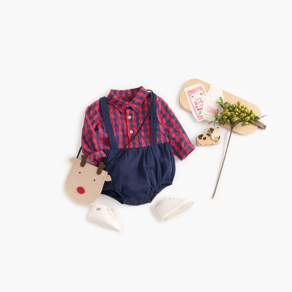 MyKids-USA® Baby Boy Plaid Pattern False One Pieces Design Lapel Bodysuit bodysuit