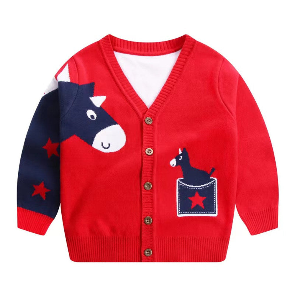 MyKids-USA® Baby Boy Cartoon Animal Embroidered Pattern Button Front V-Neck Cardigan
